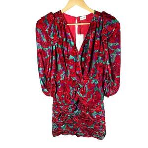 MAGDA BUTRYM Mundo Ruched Floral Velvet Mini Dress Red Multi Size US 6